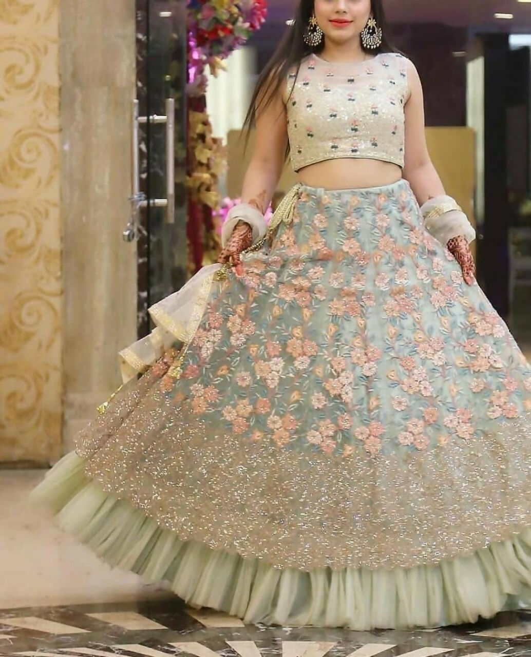 Jyoti Fashion Sea Green 3mm with Thread and Jari Embroidery Net Lehenga Choli with Dupatta | Swadesiicart