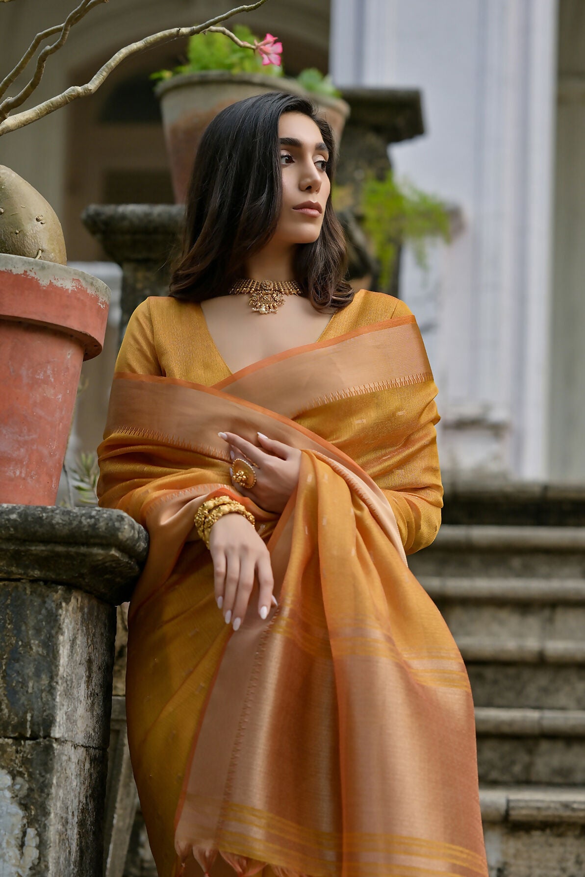 Vishnu Weaves Women's Yellow Soft Tissue Silk Zari Woven Saree with Blouse - Swadesiicart