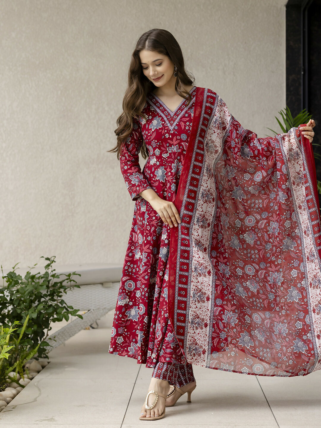 The52 Maroon Women's Gorgeous Rayon Fabric Printed Work Flared Kurta, Pant and Dupatta Set - Swadesiicart
