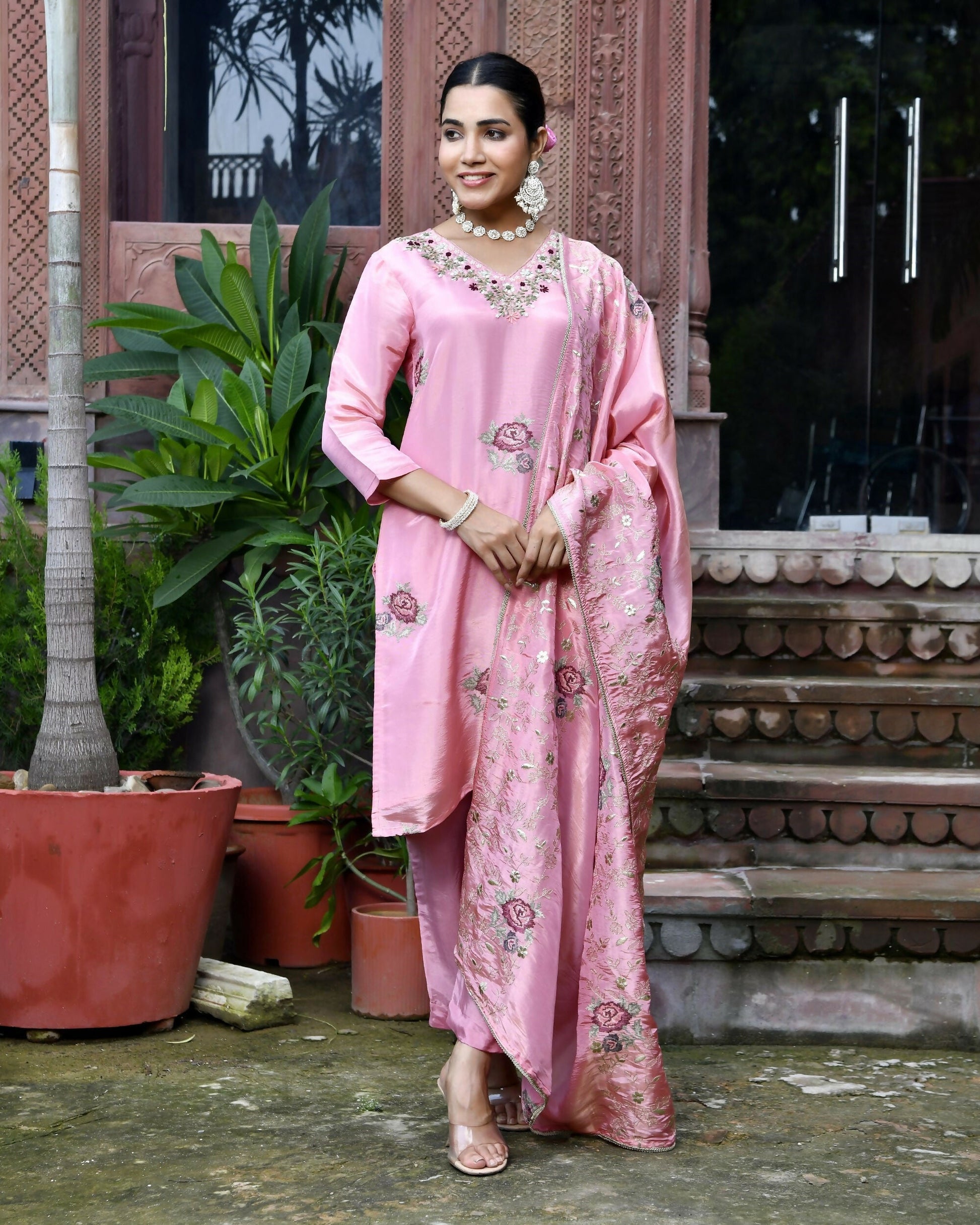 Vaasva Women's Tissue Silk Emboidered Suit Set With Solid Pant & Solid Embroidered Dupatta | Swadesiicart