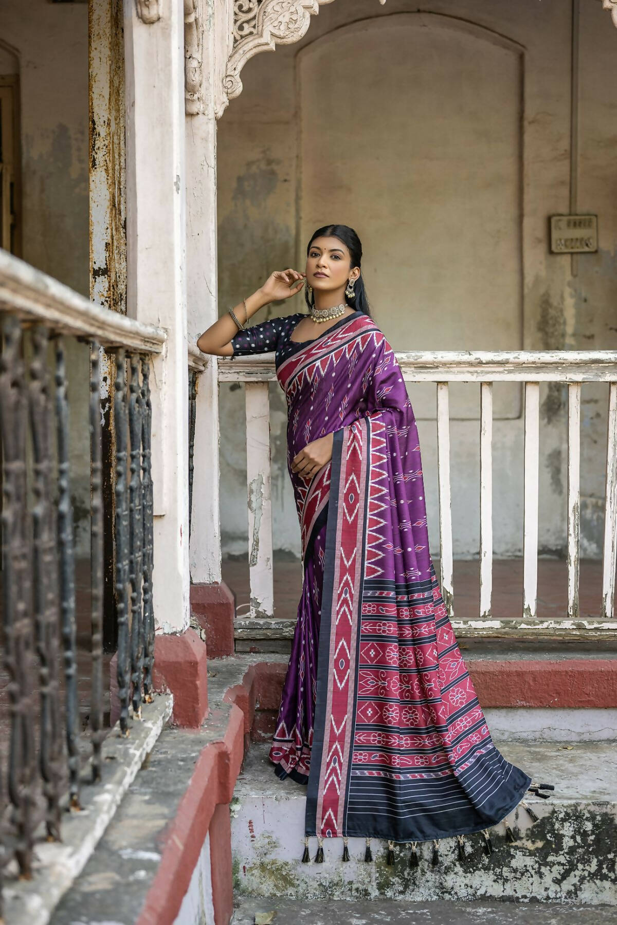 Vishnu Weaves Women's Wine Cotton Silk Printed Saree with Blouse - Swadesiicart