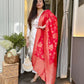 The52 White Women's Beautiful Chanderi Jacquard Fabric Embroidered Work Straight Kurta Pant and Dupatta Set - Swadesiicart