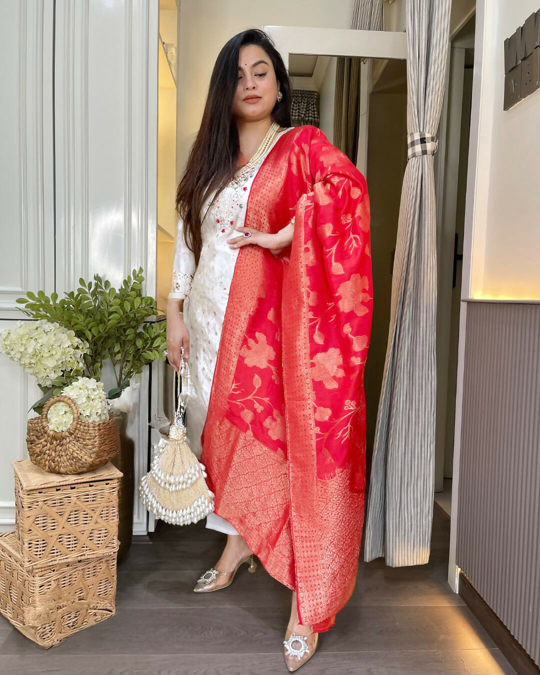 The52 White Women's Beautiful Chanderi Jacquard Fabric Embroidered Work Straight Kurta Pant and Dupatta Set - Swadesiicart