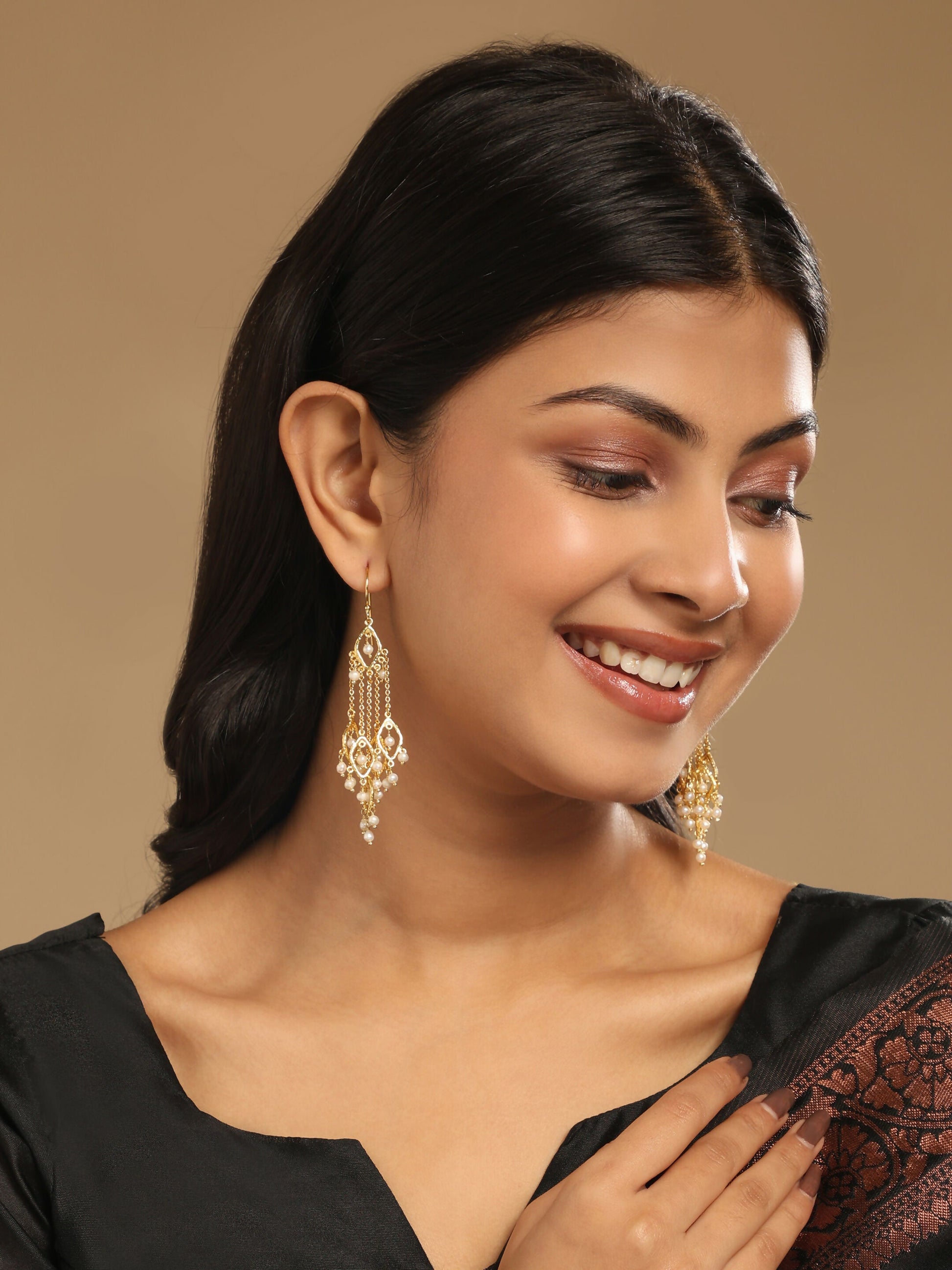 Nuyug 18k String of Pearls Gold Anti Tarnish Earrings | Swadesiicart