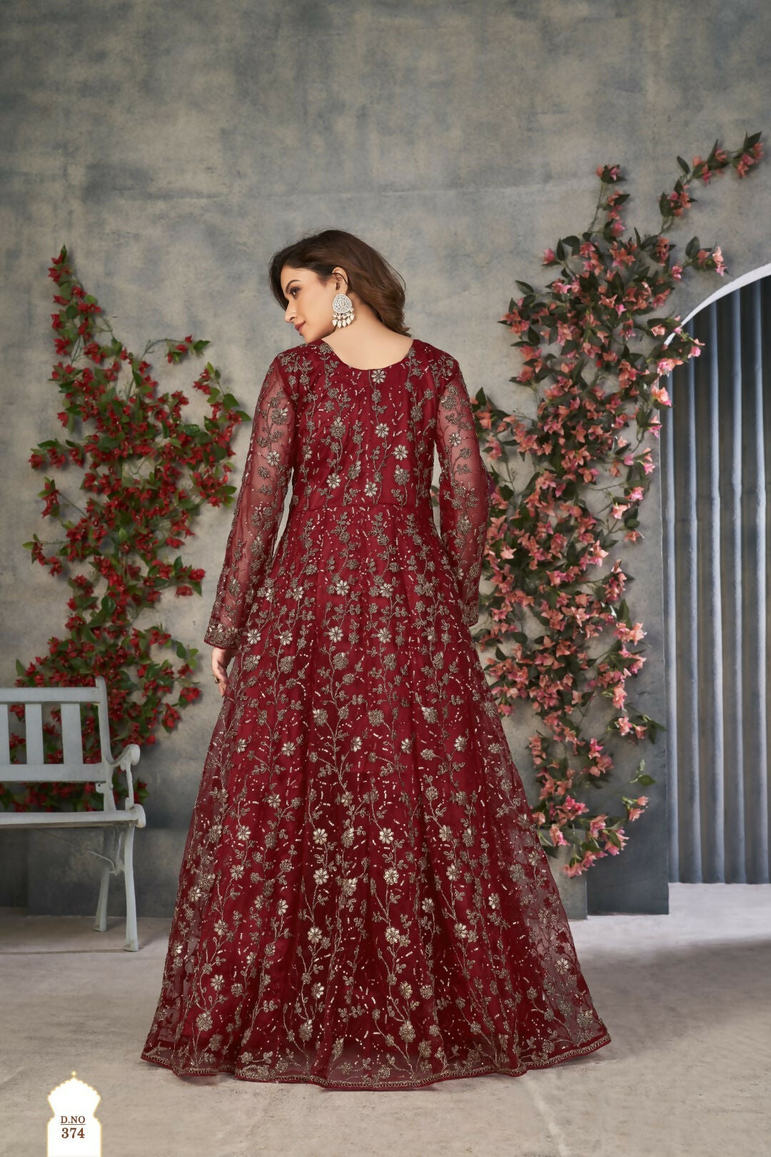 Anaita Maroon Embroidered Net Stitched Anarkali suit