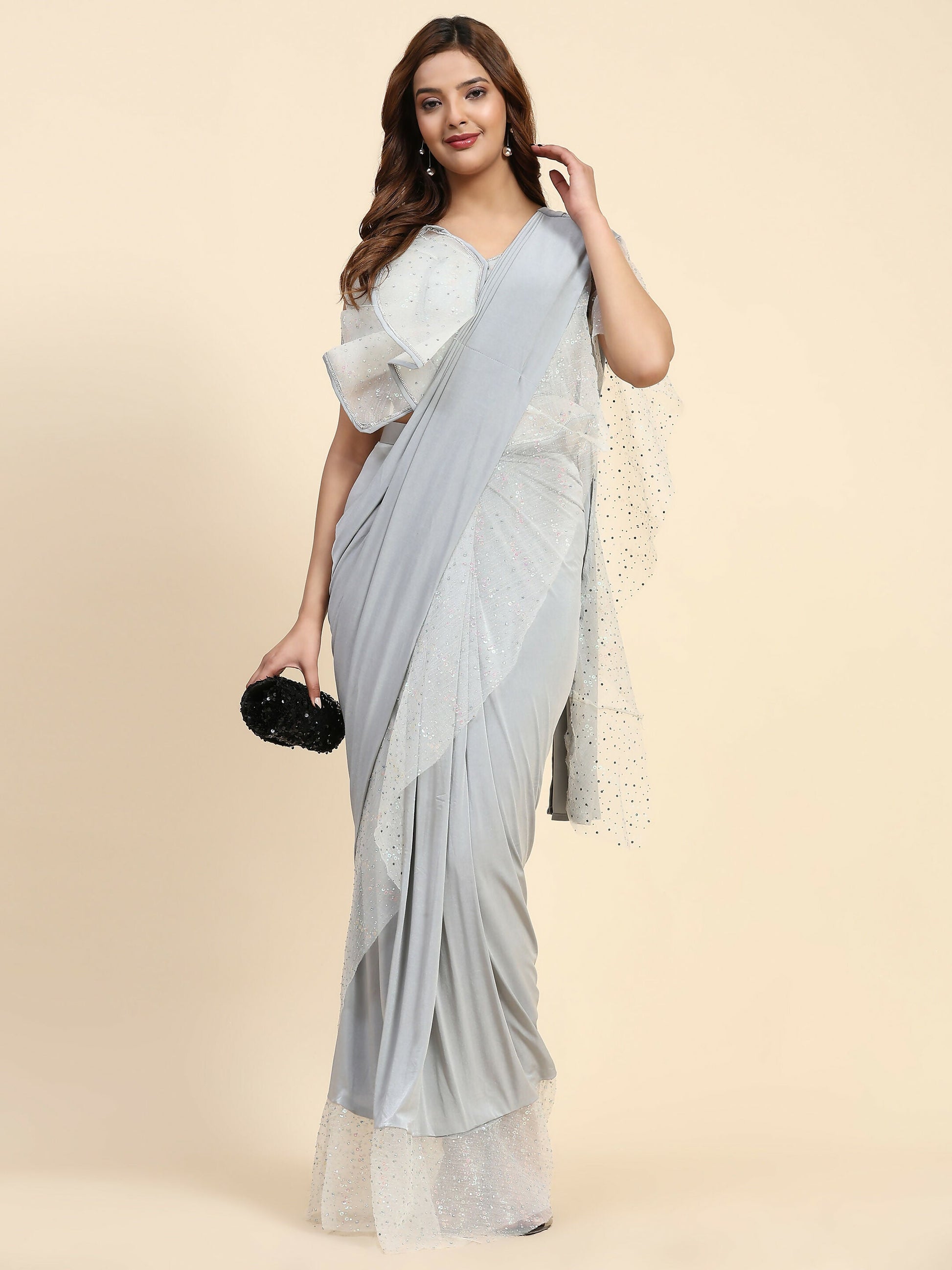 Light Grey Lycra Solid Ready to Wear Saree with stitched Blouse - Nita | Swadesiicart