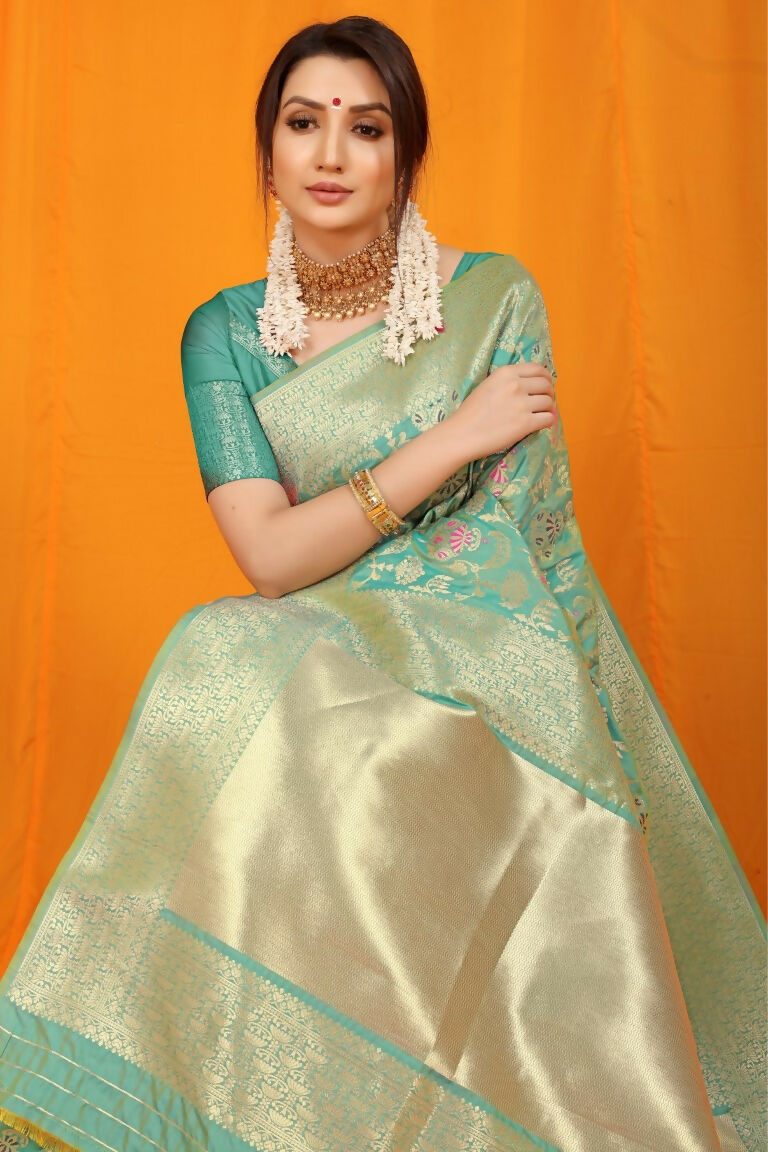 Jyoti Fashion Women's Sea Green Kanjivaram Silk Zari Woven Saree with Blouse | Swadesiicart