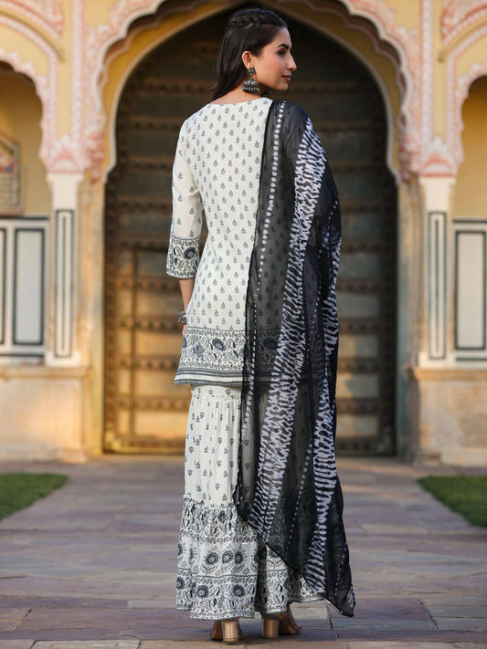 Juniper Women's Off White Rayon Floral Placement Kurta With Sharara And Dupatta Set | Swadesiicart