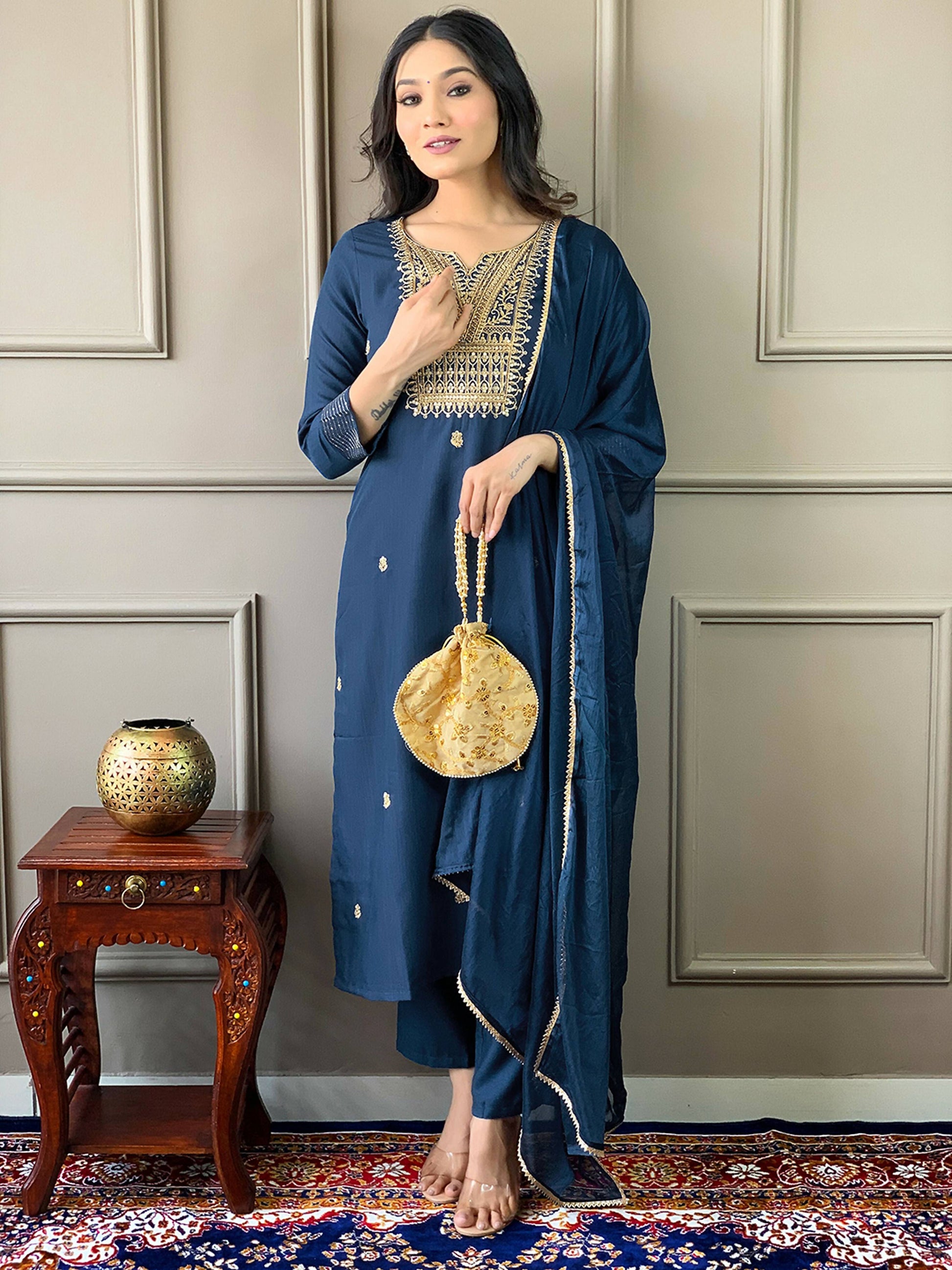 Partywear Designer Rayon Slub Blue Stitched Suit With Dupatta - Tanisha | Swadesiicart