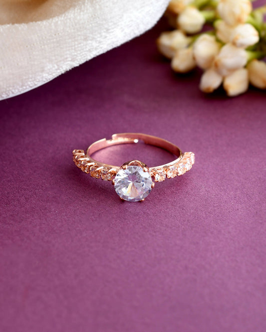 VOJ white CZ-detail Stainless Steel Cubic Zirconia Gold-Polished adjustable finger Ring | Swadesiicart