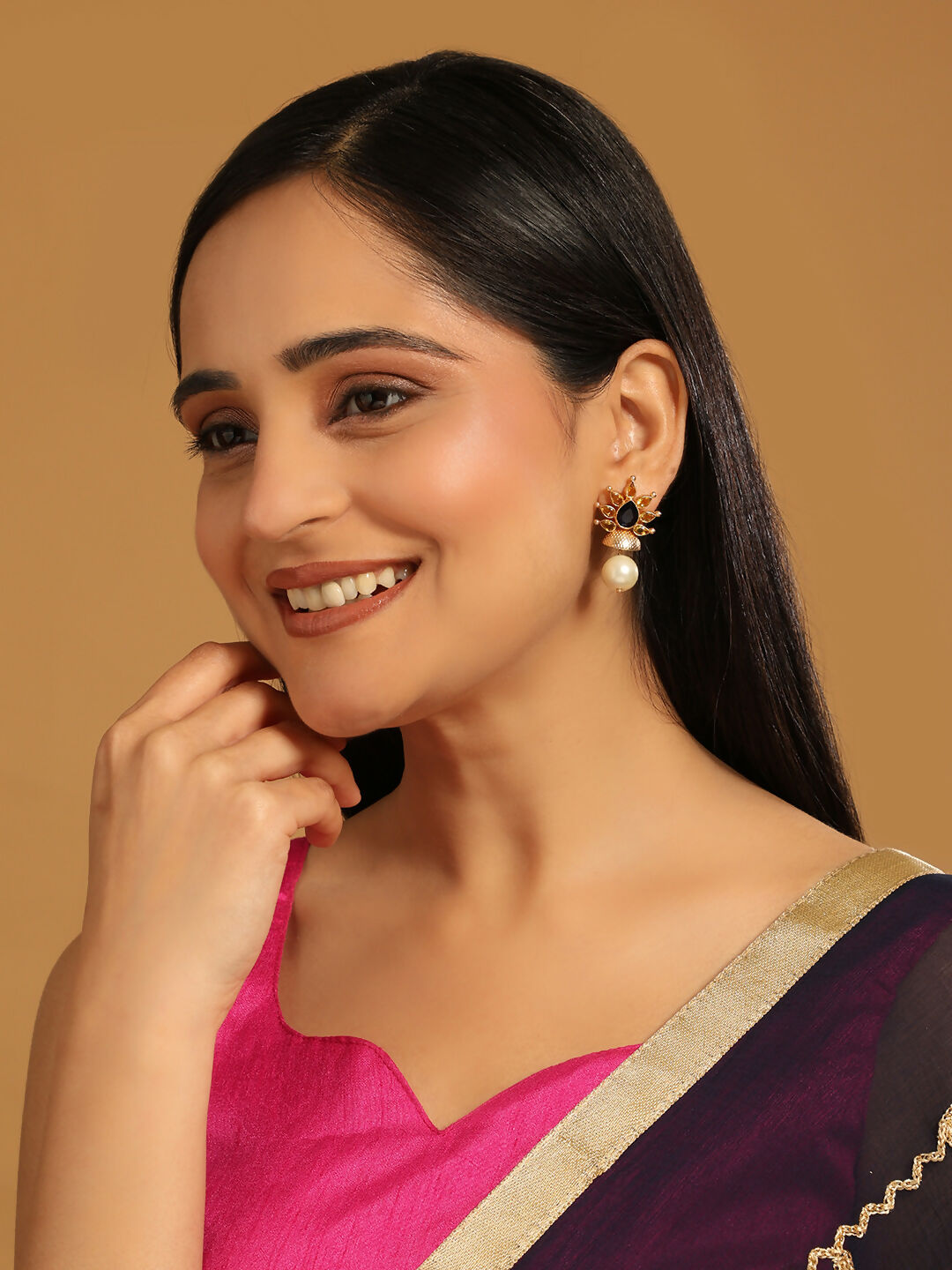 Nuyug 22K Gold Plated Pearl & Crystal Studded Contemporary Floral Stud Earrings | Swadesiicart