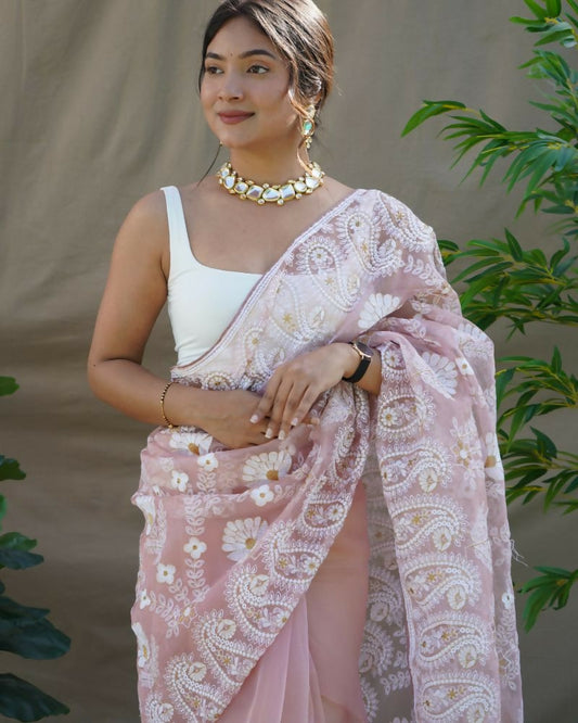Vamsee Amisha Peach Organza Saree - Swadesiicart
