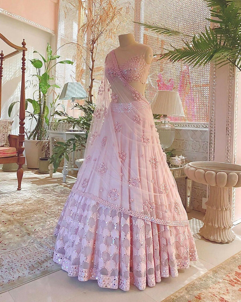 Jyoti Fashion Dreamy Baby Pink Silk Thread with Paper Mirror & Cut work Lehenga Choli with Dupatta | Swadesiicart