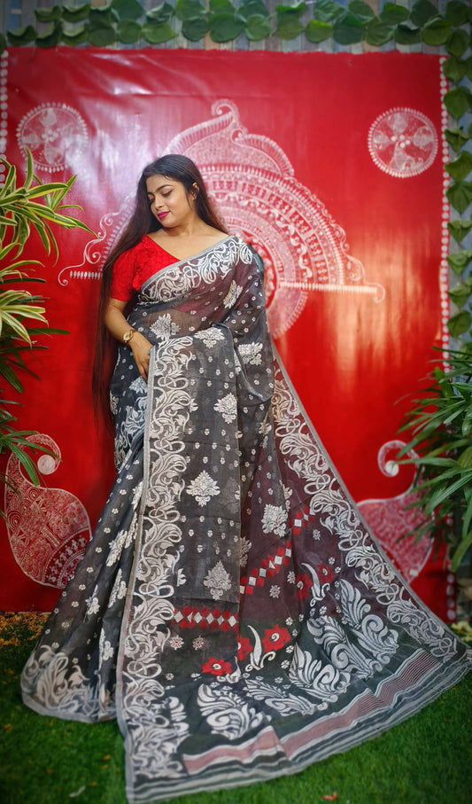 Exclusive Collection Handloom Dhakai Jamdani Saree - Black - Swadesiicart