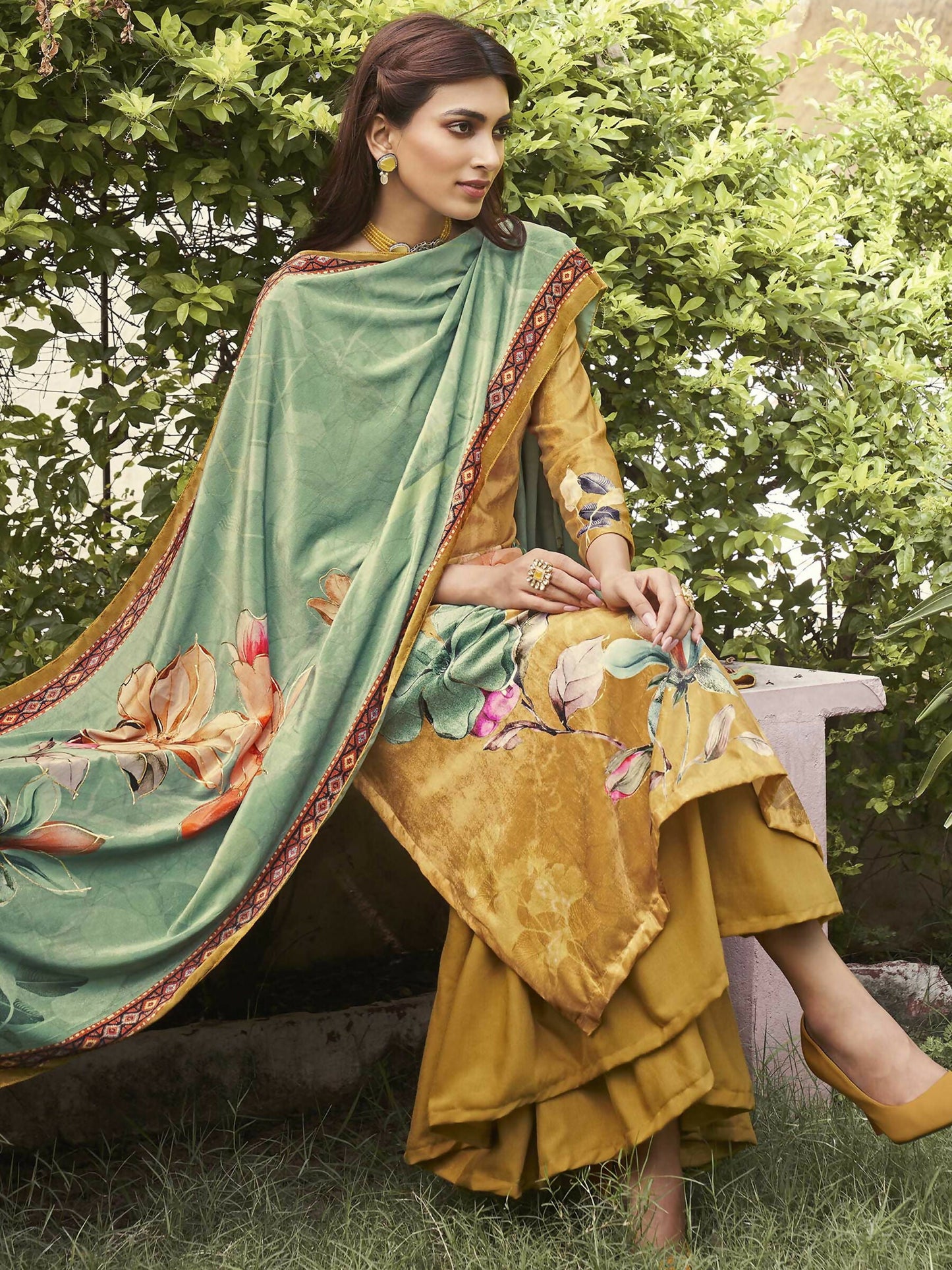 Jyoti Fashion Women's Mustard Velvet Floral Digital Printed Kurta with Trouser & Dupatta | Swadesiicart