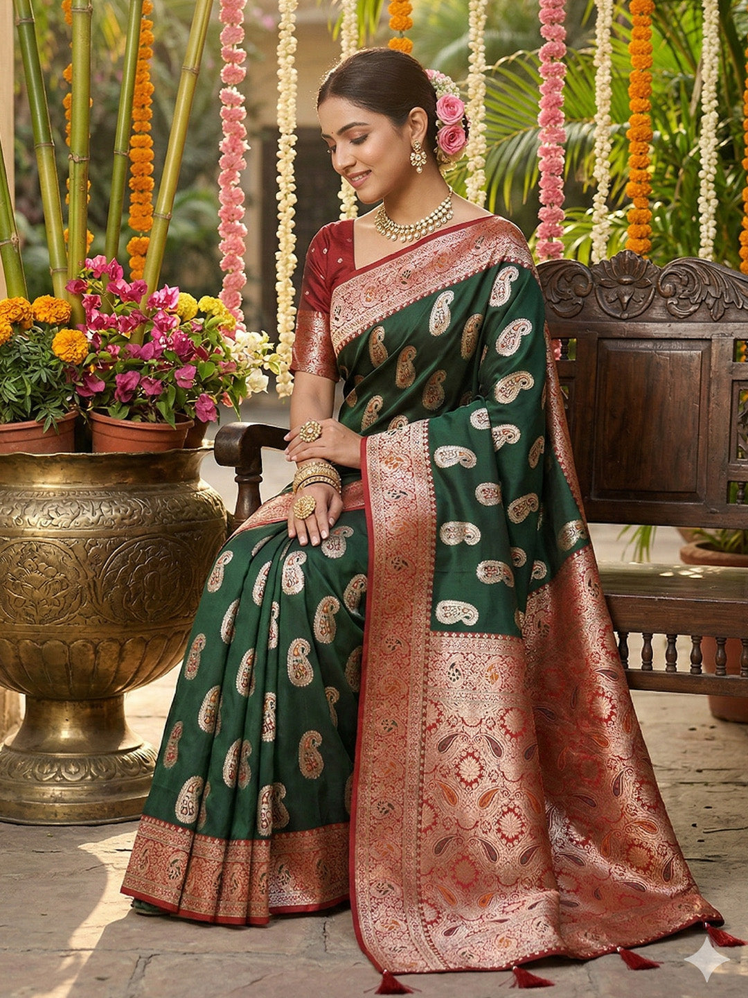 Anaita D Green Silk Blend Woven Saree With Blouse