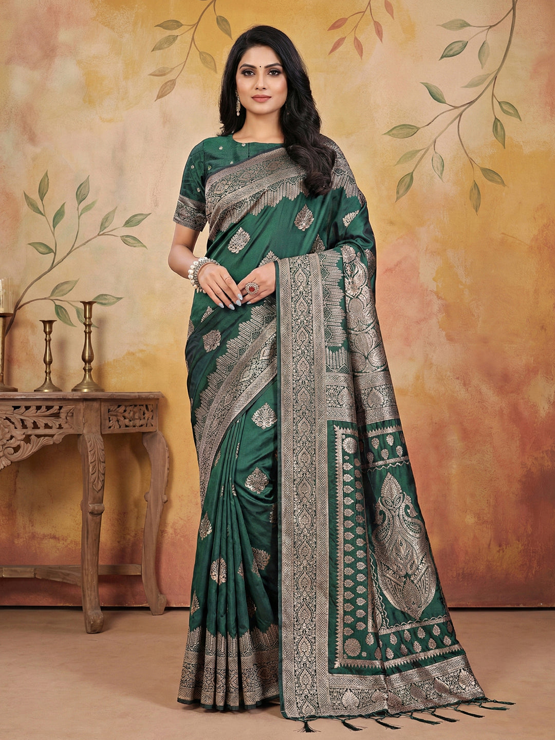 Anaita D Green Silk Blend Woven Saree With Blouse