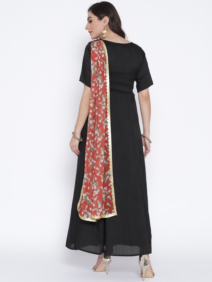 Ahalyaa Women's Black Poly Silk Kurta With Printed Dupatta | Swadesiicart