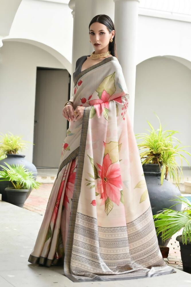 Vishnu Weaves Women's Grey Satin Silk Printed Saree with Blouse - Swadesiicart