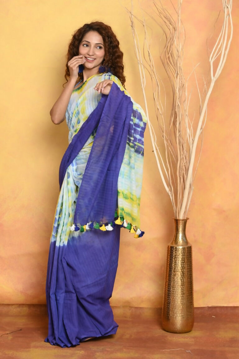 Very Much Indian Tie & Dye Handloom Mul Cotton Saree - Blue Green | Swadesiicart