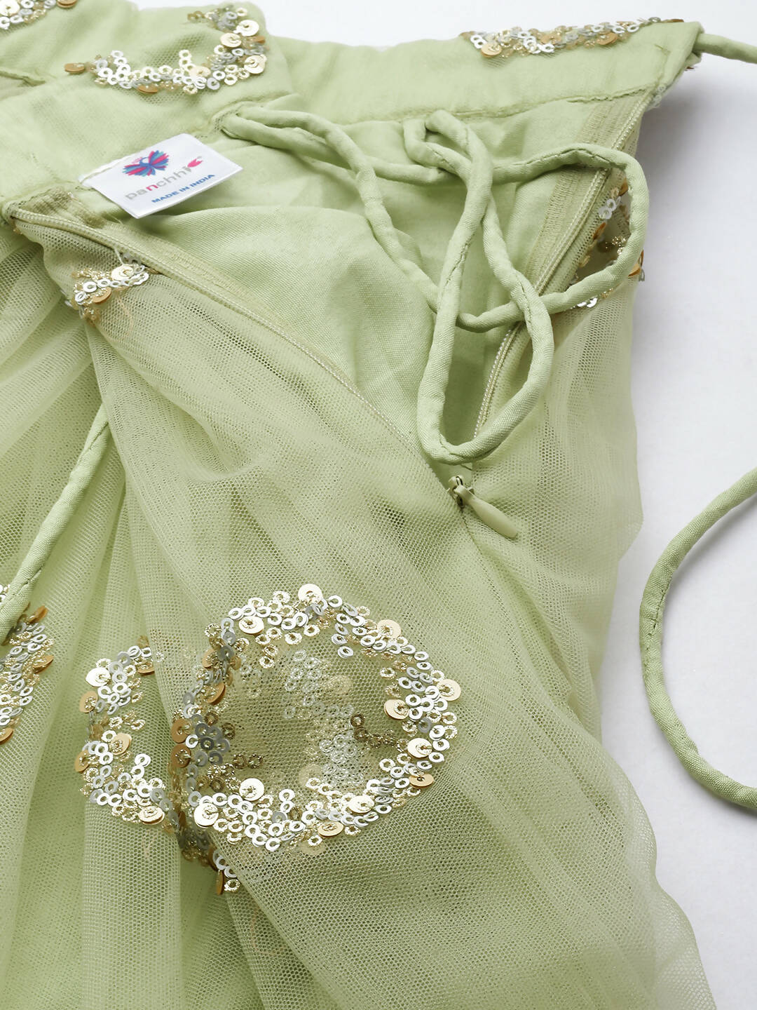 House of Panchhi Lime Green Net Embroideried Round Sequins Lehenga | Swadesiicart