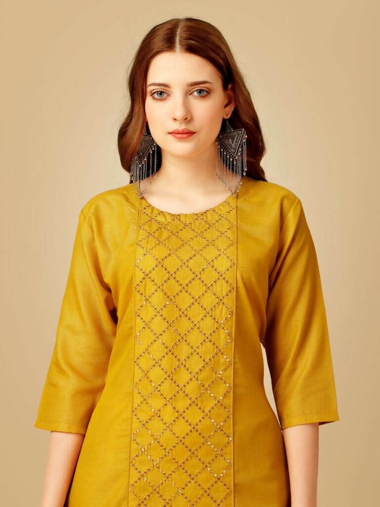 Jyoti Fashion Women's Yellow Cotton Blend Embroidered Kurta Pant Set | Swadesiicart