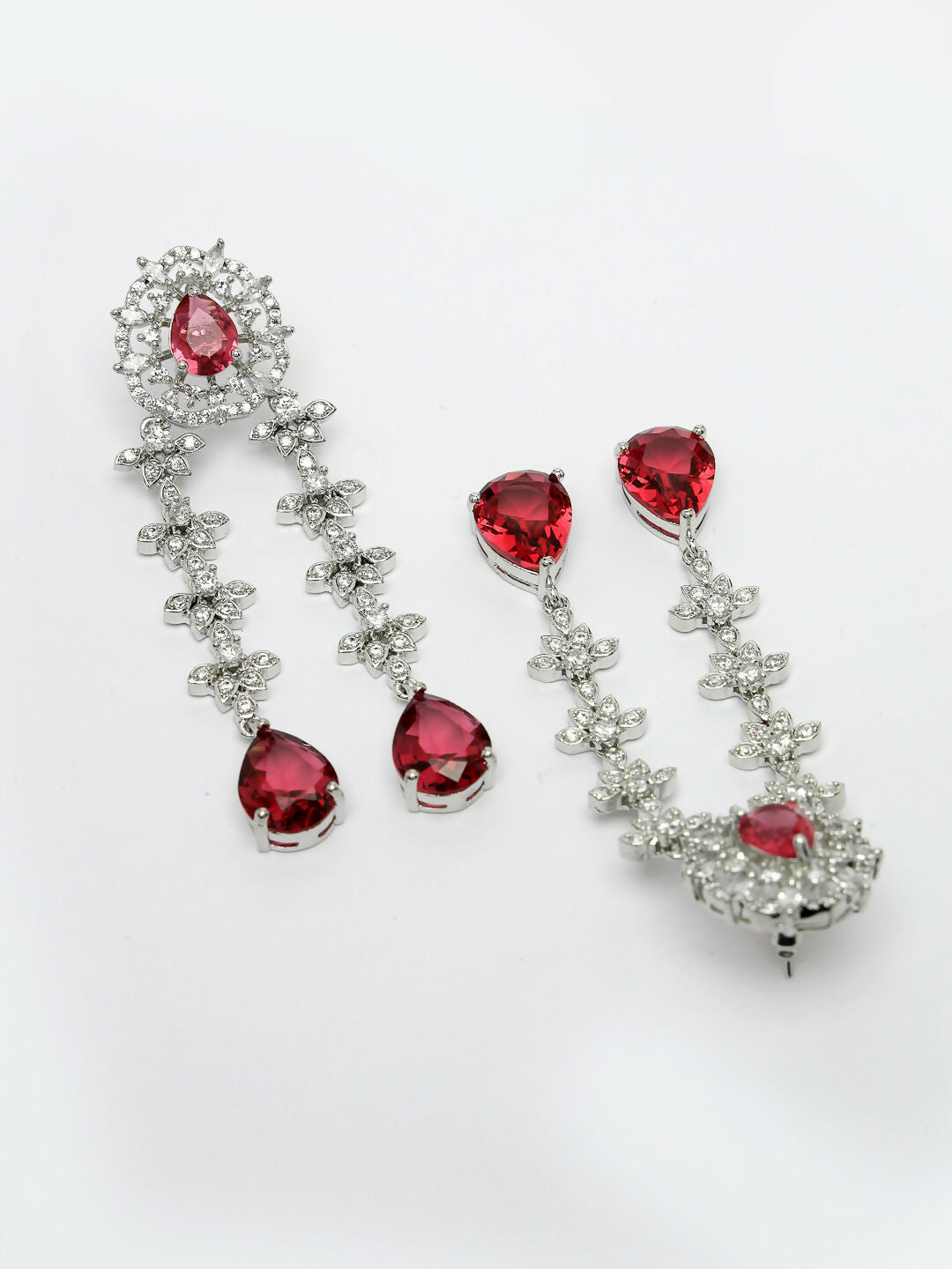 NVR Women's Silver-Plated Red CZ-Studded Handcrafted Jewellery Set - Swadesiicart