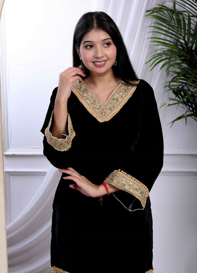 Miravan Women's Black Velvet Dreams Embroidered Co-ord Set - Swadesiicart