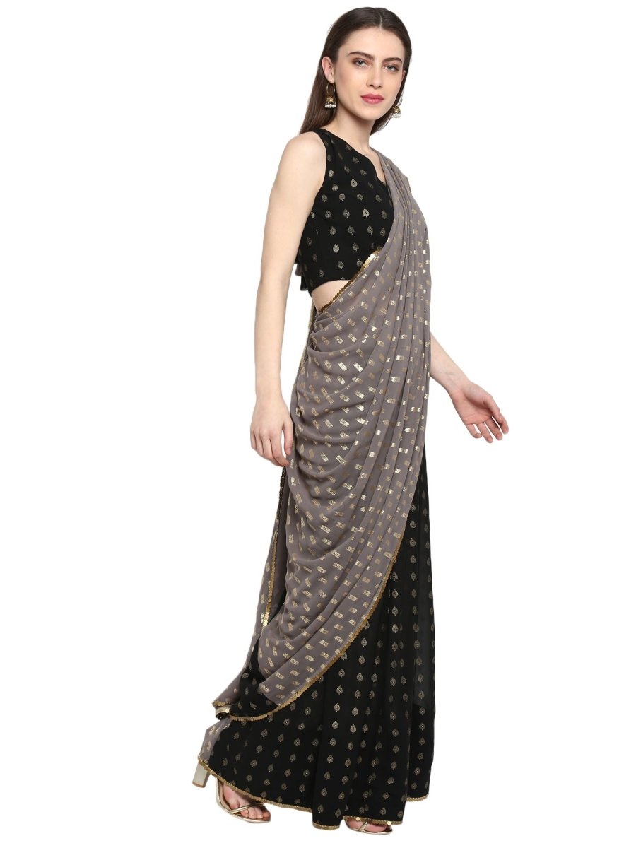 Ahalyaa Women's Black Georgette Foil Print Ready to Wear Saree | Swadesiicart