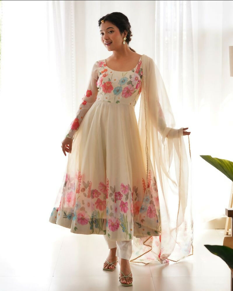 Joban Fashion Cream Kurta Set Organza Sequin Embroidery Work - Swadesiicart