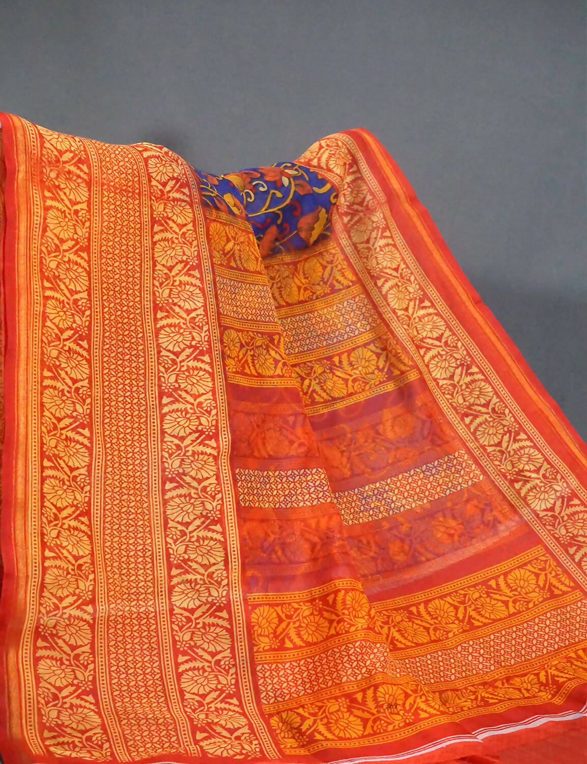 Vibrant Combination Of Ink Blue Kalamkaari Design Semi Chanderi Saree With Contrast Blouse By Gayathri Reddy Designer Studio | Swadesiicart