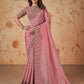 Pink Banarasi Crush Silk Thread, Sequence, Cord and jari Embroidered with Stone Work Saree - Mohmanthan Dakshika | Swadesiicart
