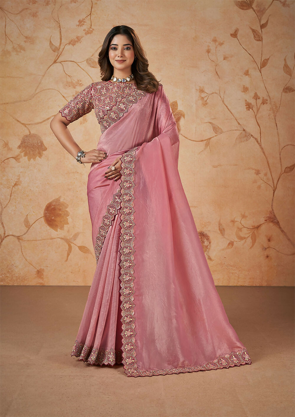 Pink Banarasi Crush Silk Thread, Sequence, Cord and jari Embroidered with Stone Work Saree - Mohmanthan Dakshika | Swadesiicart