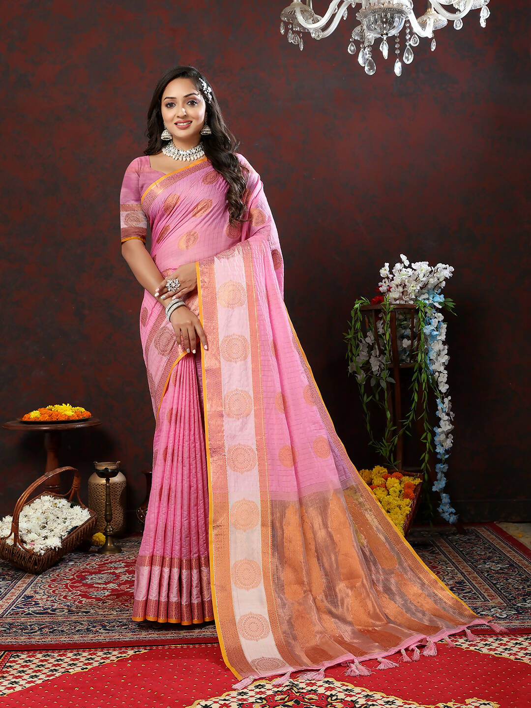 Lorenvalley Fashion Pink Cotton with Woven Design Zari Weaving Saree - Swadesiicart