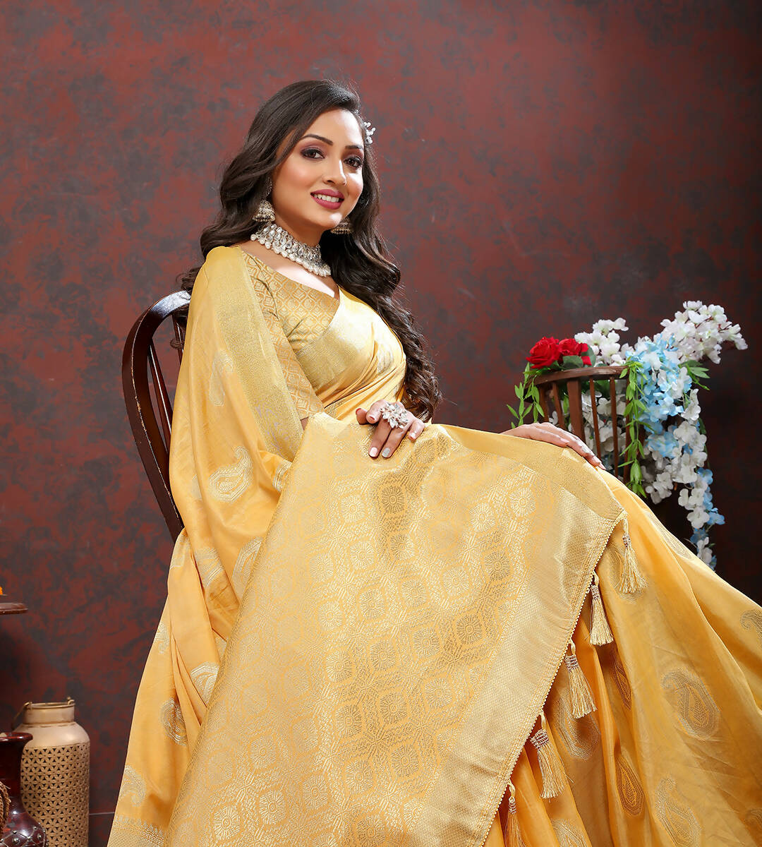 Lorenvalley Fashion Gold Cotton Woven Design with Zari Weaving Design Saree - Swadesiicart