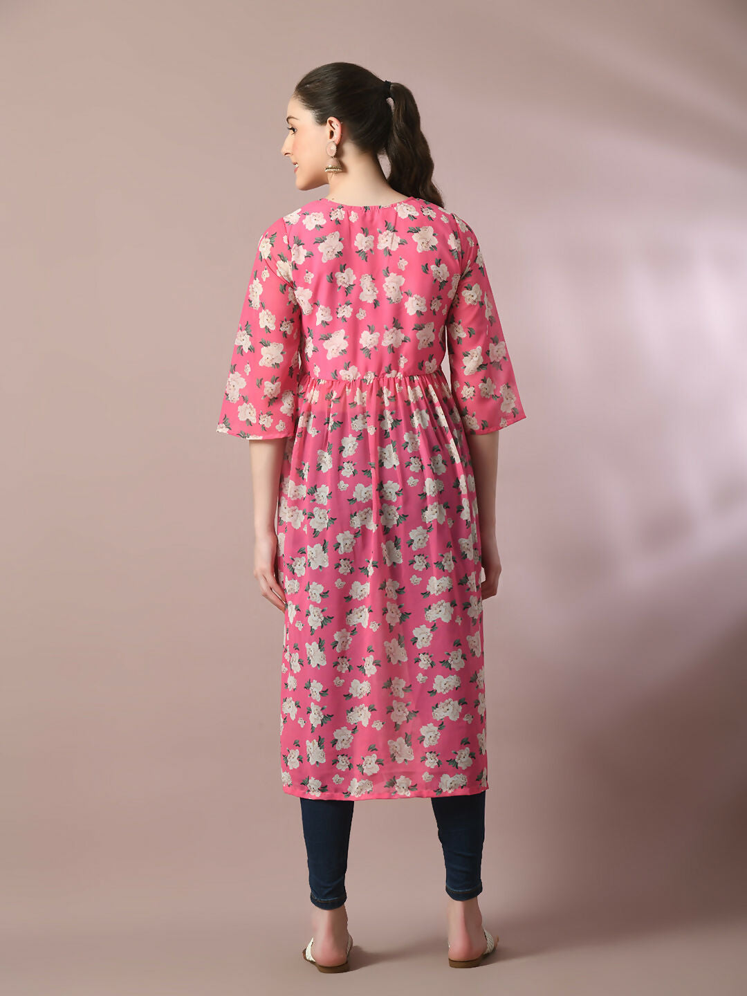 Myshka Women's Pink Printed Georgette A-Line Nyra-cut Kurta - Swadesiicart