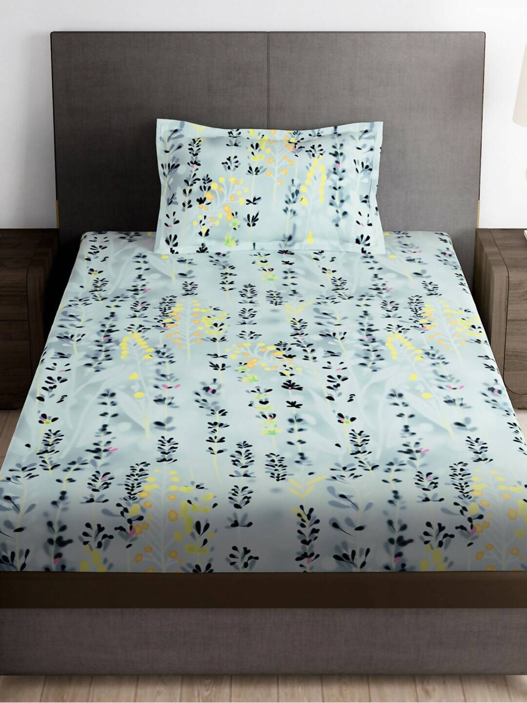 Story@home Arena Grey & Blue Floral Printed 180 TC Bedsheet & Pillow Covers - Swadesiicart