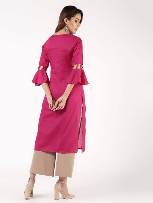 Aniyah Cotton Criss Cross Bell Sleeves Magenta Straight Kurta (AN-144K) - Swadesiicart