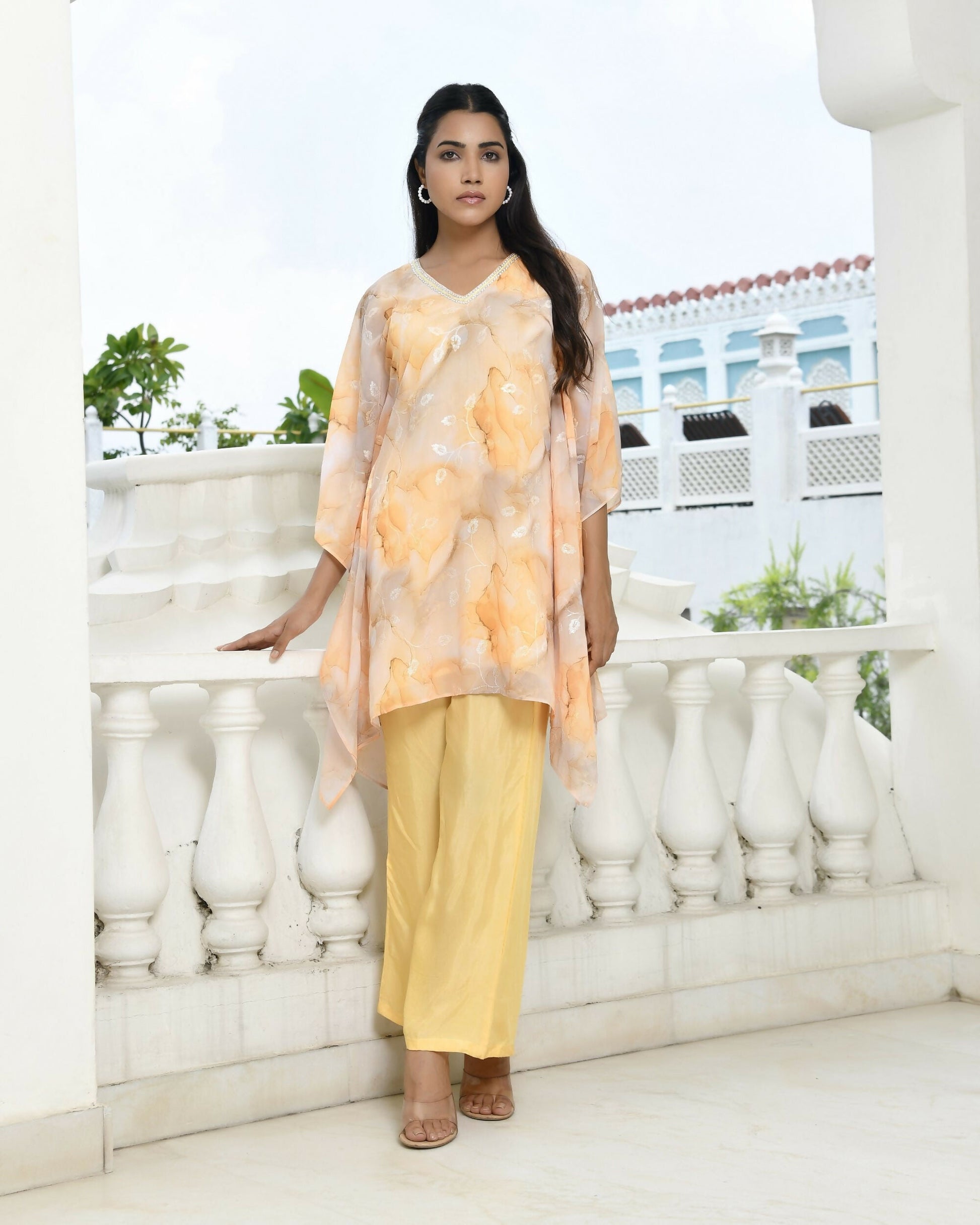 Vaasva Women's Lemon Georgette Marble Print Kaftan Pant Set | Swadesiicart