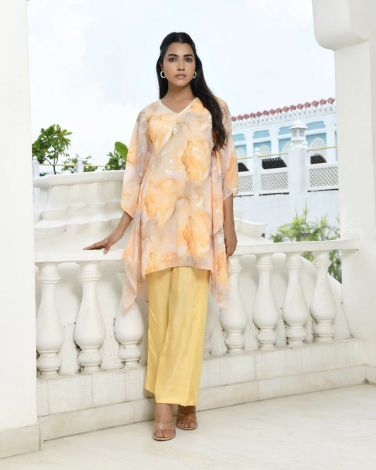 Vaasva Women's Lemon Georgette Marble Print Kaftan Pant Set | Swadesiicart