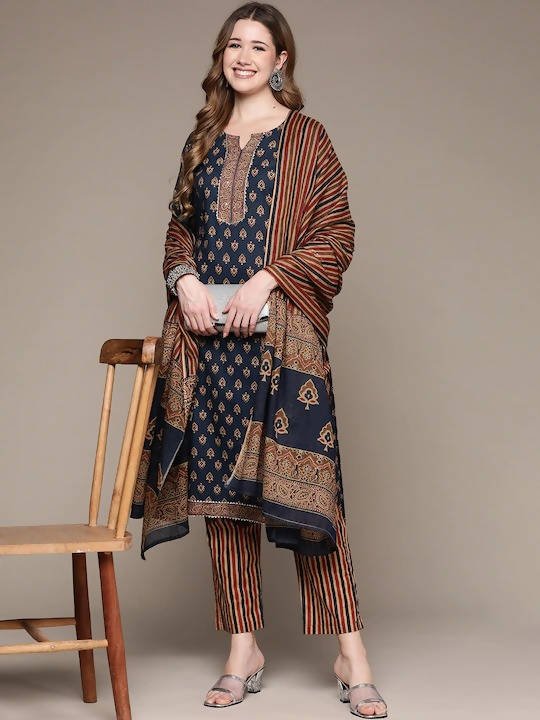 Anubhutee Navy Blue Printed Gotta Patti Pure Cotton Kurta with Trousers & Dupatta | Swadesiicart