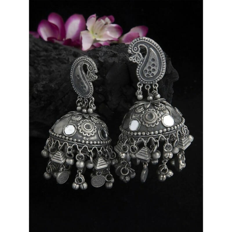 Peacock Shaped Tribal Design Oxidised Silver Plated Chandelier Jhumkas (VMC-PCK2) By House of Ree | Swadesiicart