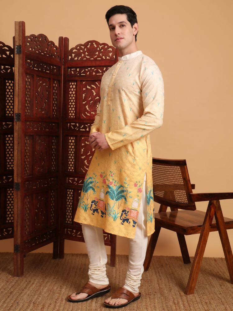 Yellow Cotton Printed Chikankari Embroidery Work Kurta - Mahotsav | Swadesiicart