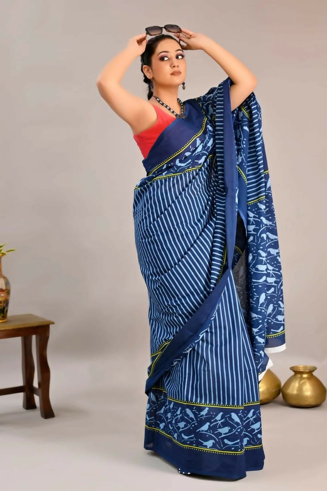 Exclusive Collection Blue Beautiful Mulmul Cotton Saree - Swadesiicart