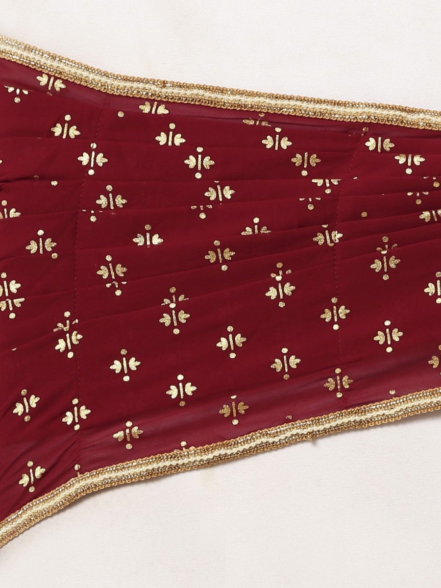 Ahalyaa Women's Maroon Georgette Gold Foil Print Ready to Wear Saree | Swadesiicart