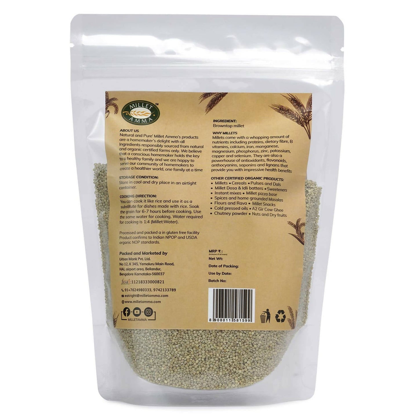 Millet Amma Organic Browntop Millet Grains - Swadesiicart