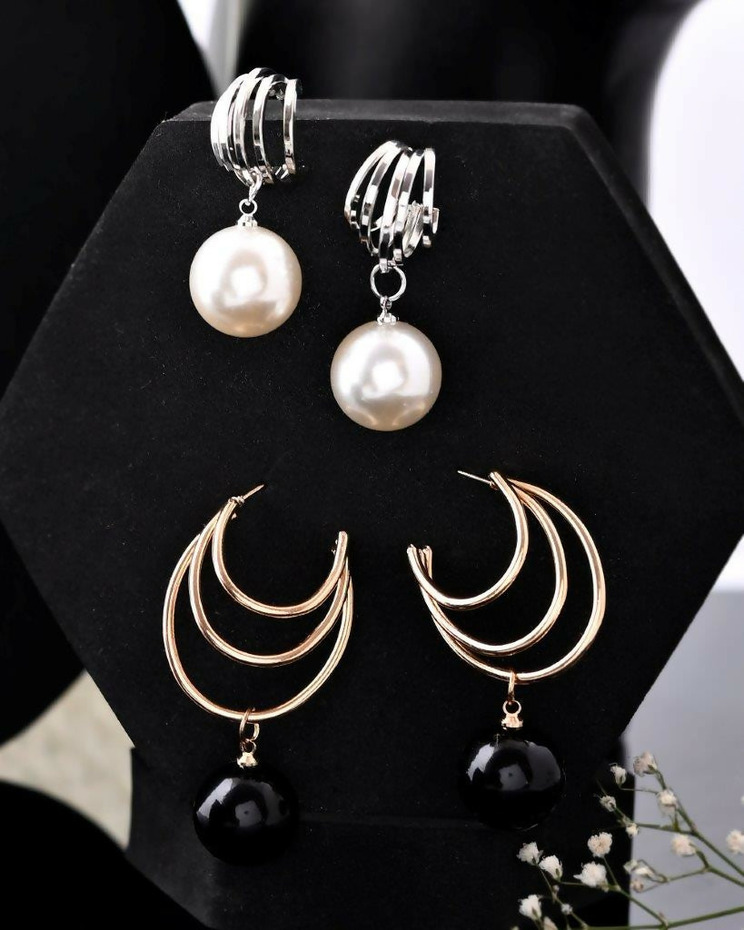 VOJ Set Of 2 Korean Drop Earrings - Gold-Polished With Black Pearl and Silver Plated With White Pearl Earrings - VOJ (Valley Of Jewellery)