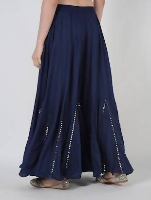 Mominos Fashion Navy Blue Viscose Rayon Flared Palazzo with Mirror Lace Work - Swadesiicart