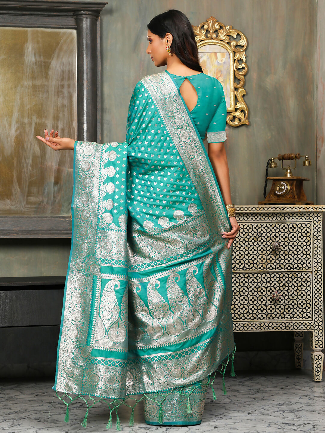 Astita Banarasi Silk Rama Green Saree | Swadesiicart