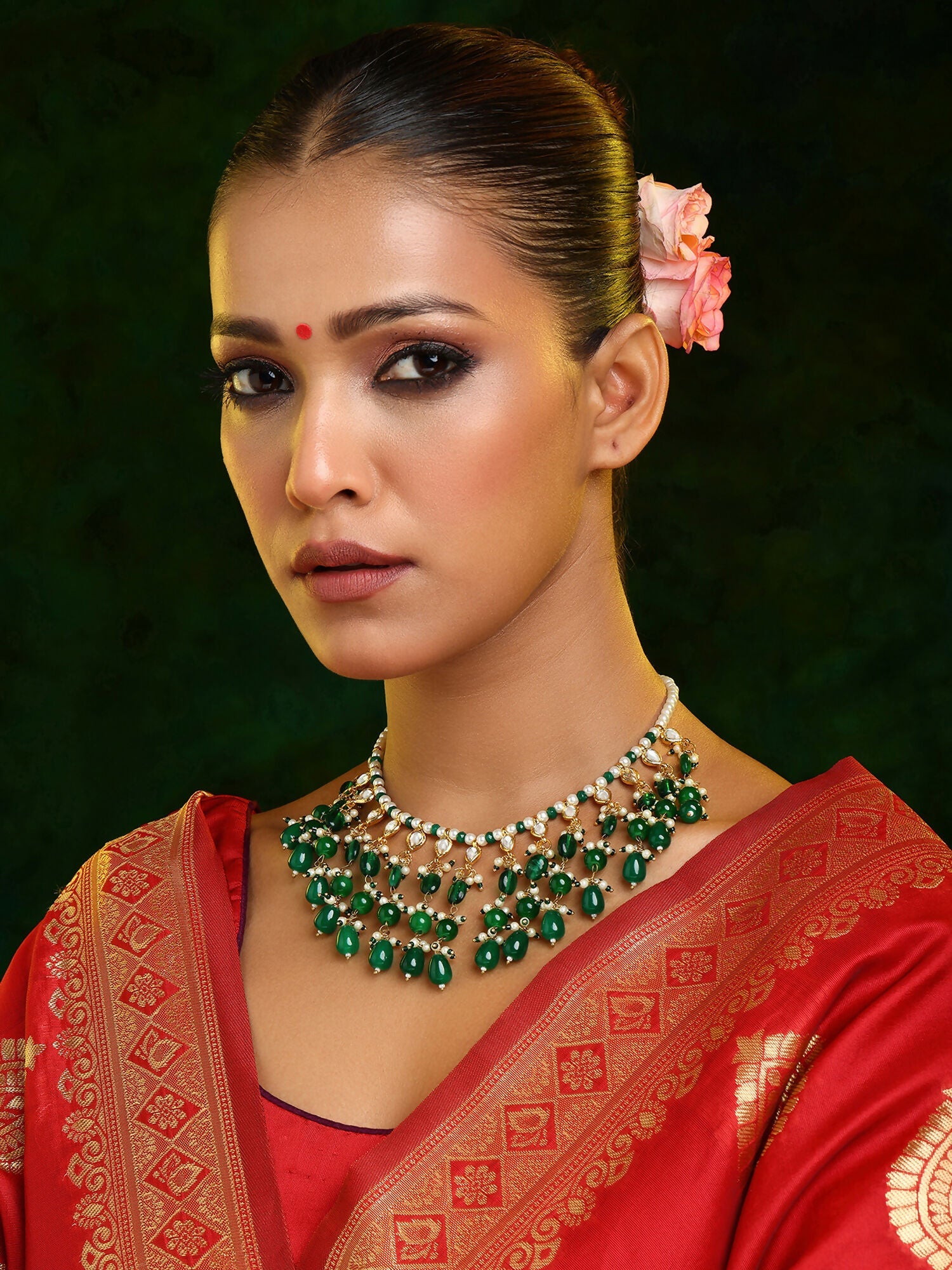 Ruby Raang Green Kundan And Emerald Collar Necklace | Swadesiicart